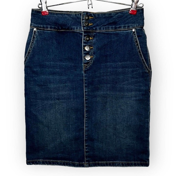 Prana Dresses & Skirts - prAna Women's Medium Wash Stretch Denim High Waist Button Fly Pencil Skirt Sz 2